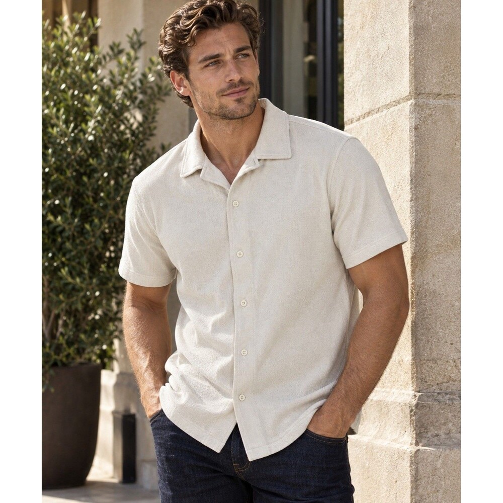 J Crew Knit Camp Shirt Men XS Light Gray Seersucker Short Sleeve Cotton CS669